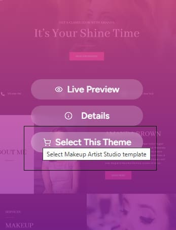 Alt text: Interface showcasing the "Select This Theme" button for a Makeup Artist Studio template, highlighting options for customizing a beauty website.